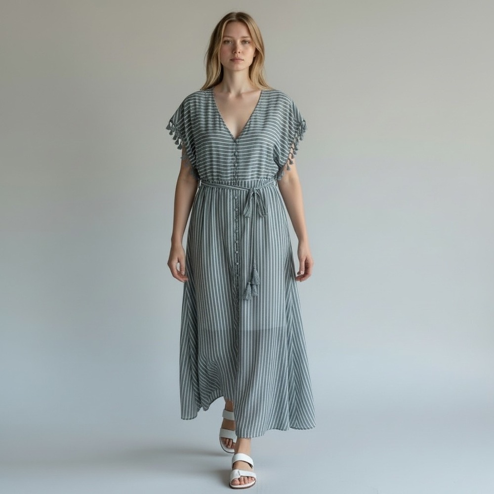Paper Crane Blue White‎ Striped Maxi Dress M Belted V-Neck Tassel Summer